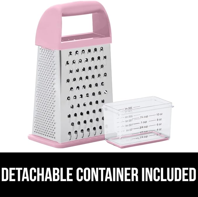 GORILLA GRIP 4-Sided Stainless Steel Cheese Grater With Container, 100% BPA-Free Box Grater, Slip Resistant Base and Handle, Grate Parmesan, Hard Cheeses, Shred Vegetables, Dishwasher Safe, Pink