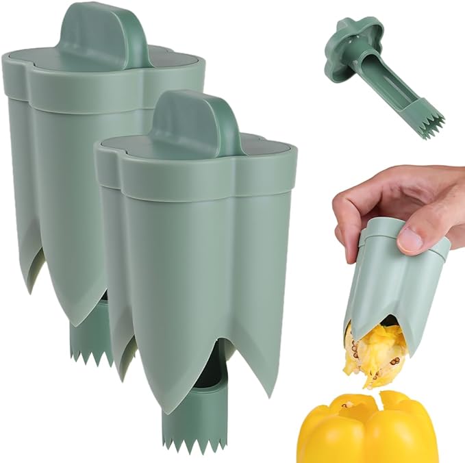 2 in 1 Pepper Seed Corer Remover, Fruit Pepper Corer, Bell Peppers Corers, Quick Cut, Fruit and Vegetable Seed Remover, Kitchen Vegetable, Zucchini Tomato (Green 2PCS)