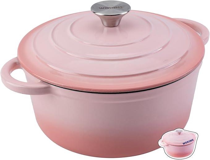 WOKINS Enameled Cast Iron Dutch Oven Pot with Lid Heavy-Duty Cookware for Bread Baking,Braising,Stews,Roasting,Oven Safe up to 500°F,5.5QT,pink