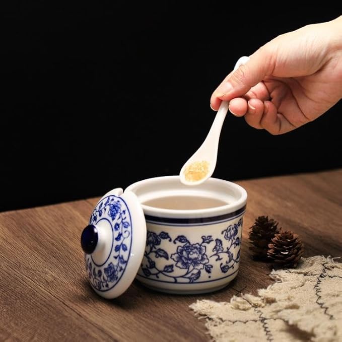 Retro Ceramic Blue and White Sugar Bowl Seasoning Pot Storage Jar with Lid