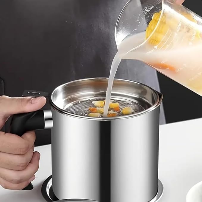 Bacon Grease Container with Strainer & Lid, 43oz Stainless Steel Grease Saver for Kitchen, Leakproof Oil Keeper with Non-Slip Handle, Fry Fat Storage Organizer for Cooking Oil/Grease