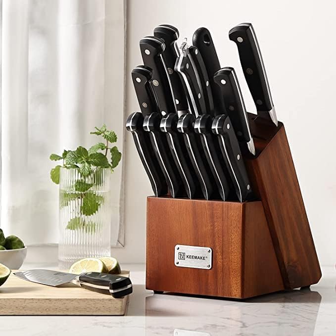 KEEMAKE Knife Block Set, 15Pcs High Carbon Stainless Steel Kitchen Knife Set with Block, Ultra Sharp Knives Set for Kitchen with Knife Sharpener Kitchen Scissors, Forged Chef Knife Set