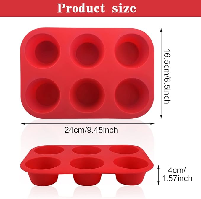 2PCS Silicone Muffin and Cupcake Pan - 6 Cup Non-Stick Mini Baking Molds, Reusable Tin for Brownies, 2 Trays Overlapped (Red, 9.45x6.5x1.57 Inch)