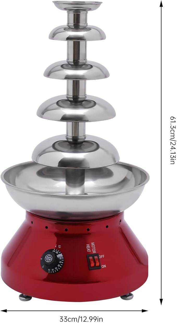 5 Tier Commercial Chocolate Fountain, 230W 7lb Large Capacity Stainless Steel Hot Chocolate Fondue Tower Fountain Machine for Buffet Dinner, Wedding Parties, 86-230℉ (Red)
