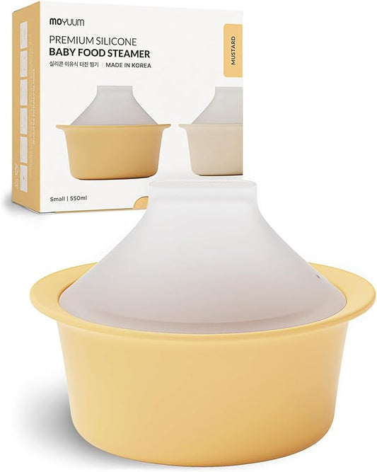 Moyuum Silicone Microwave Steamer | Made in Korea, Baby Food Maker Bowl with Lid, Egg and Vegetable Steam Cooker, Japanese Donabe Inspired Cooking Pot, Dishwasher Safe (Small, Mustard)