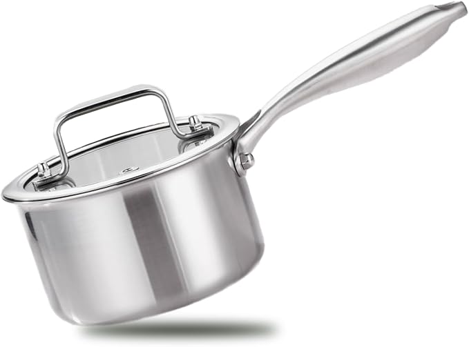 MOUTIUS 1 Quart Triple Stainless Steel Saucepan with Lid, Ramen Pot with Clear Glass Cover, Small Sauce Pan for Cooking Oatmeal, Induction-Ready, Dishwasher-Safe, Suitable for All Stoves
