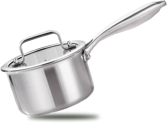 MOUTIUS 1 Quart Triple Stainless Steel Saucepan with Lid, Ramen Pot with Clear Glass Cover, Small Sauce Pan for Cooking Oatmeal, Induction-Ready, Dishwasher-Safe, Suitable for All Stoves