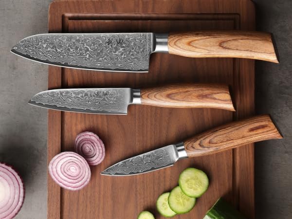 Wakoli EDIB Pro 3-Piece Damascus Kitchen Knife Set in Gift Box – Sharp Knives Set made of Genuine Damascus Steel (VG10 Core) – Santoku, Small Santoku & Paring Knife – Ergonomic Pakkawood Handles