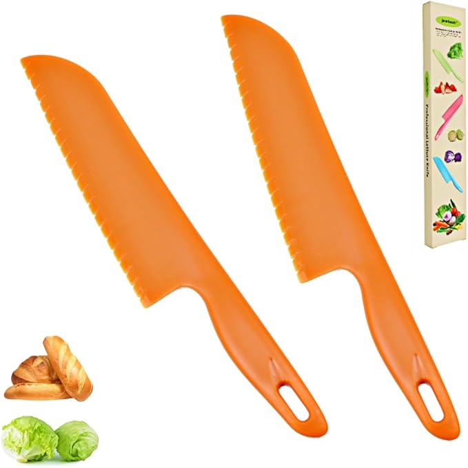 jawbush 11" Professional Lettuce Knife for Cutting Salad, Fruit, Cake, Bread or Brownies, Plastic Serrated Kitchen Knife Set, Nylon Knife for Nonstick Pans, Pizza Cutter, 2 Pack, Orange