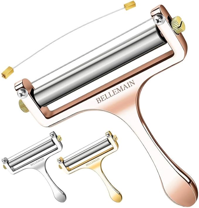 Bellemain Stainless Steel Wire Cheese Slicer - Hand Held Cheese Cutter for Cheddar, Gruyere, Raclette, Mozzarella Block, Adjustable Shaver, Thick & Thin Slicer, Curler (Rose Gold)