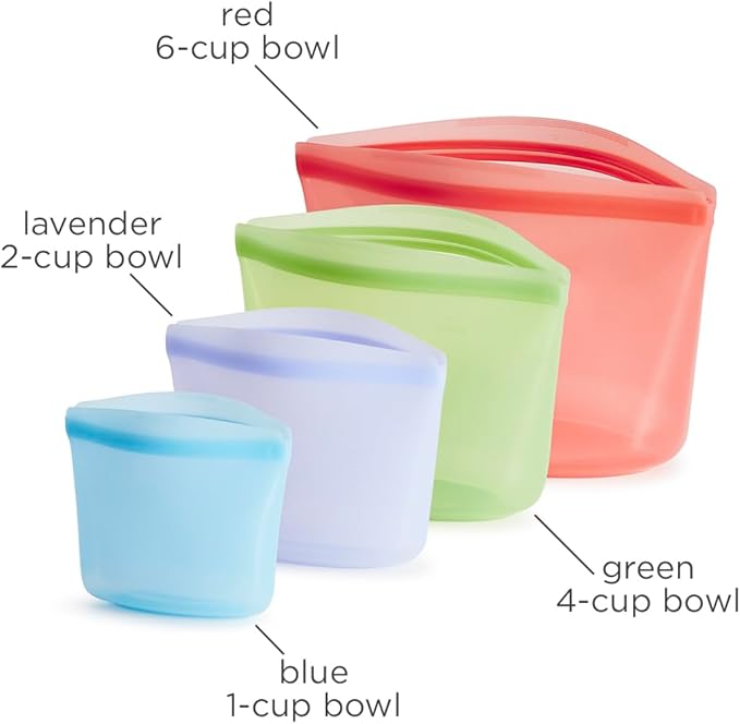 Stasher Silicone Reusable Storage Bags, 4-Pack, Reusable Freezer Bags, Microwave, Dishwasher, Oven Safe, Sous Vide, Premium Lunch Containers, Eco Friendly, Food Storage Bags, Snack Bags, Multicolor