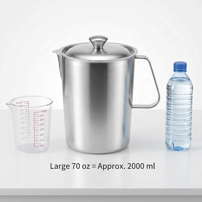 QWORK Large 70 oz Stainless Steel Measuring Cup with Removable Lid – Extra Capacity Marked Pitcher for Kitchen, Coffee & Bar Use