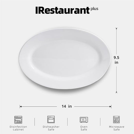 Wide Rim Bone China Commercial Grade Restaurant Plate, Elegance White Oval Platter 14" x 9.5", Case of 6