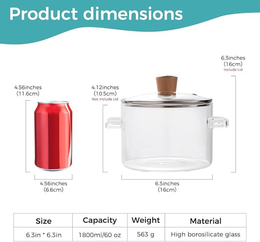 Recceng Glass Pots for Cooking on Stove, 1.8L/60 OZ Clear Simmer Pot Potpourri, Glass saucepan with Lid, Cookware for Stovetop