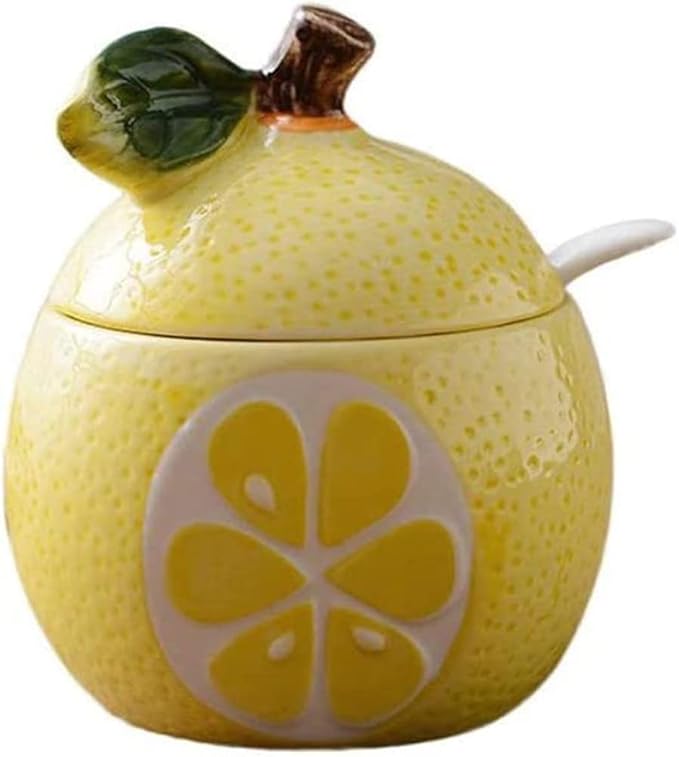 Ceramics Fruit Shaped Sugar Bowl Salt Pot Pepper Storage Jar with Lid and Spoon Seasoning Box Condiment Pots (Yellow Pomelo)
