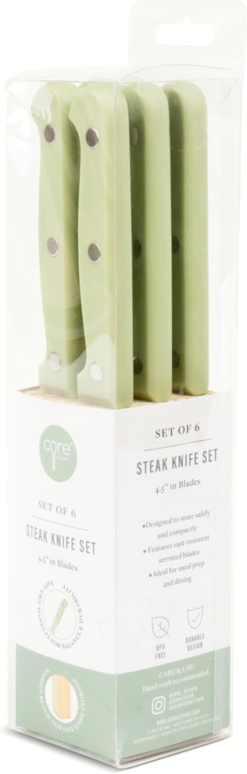 Core Kitchen Set of 6 Colorful Kitchen Steak Knives - 4.5" Blade - Leaf
