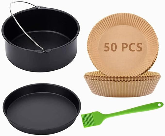 Air Fryer Accessories,7 inch Cake Barrel,Pizza Pan,50 Pcs Baking Paper and Silicone Brush for Ninja Gowise Cosori Phillips Cozyna Gourmia Zeny,