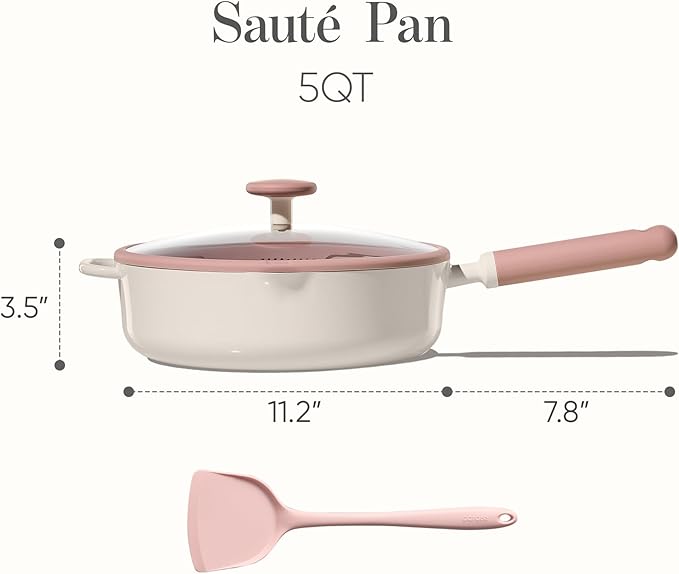 CAROTE 11 Inch Nonstick Deep Frying Pan with Lid, 5 Qt Chef Saute Pan with Pour Spout, Skillet Induction Cookware, Non Stick Cooking Pan Kitchen Pan, Healthy & PFOA/PFAS Free, Includes Spatula, Pink