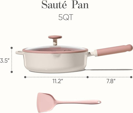 CAROTE 11 Inch Nonstick Deep Frying Pan with Lid, 5 Qt Chef Saute Pan with Pour Spout, Skillet Induction Cookware, Non Stick Cooking Pan Kitchen Pan, Healthy & PFOA/PFAS Free, Includes Spatula, Pink