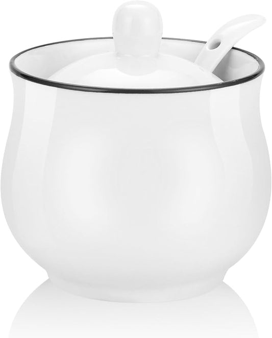 7oz Farmhouse White Ceramic Sugar Bowl with Lid and Spoon Salt Container Jar for Coffee Table Porcelain Condiment Pot for Seasoning with Black Rim