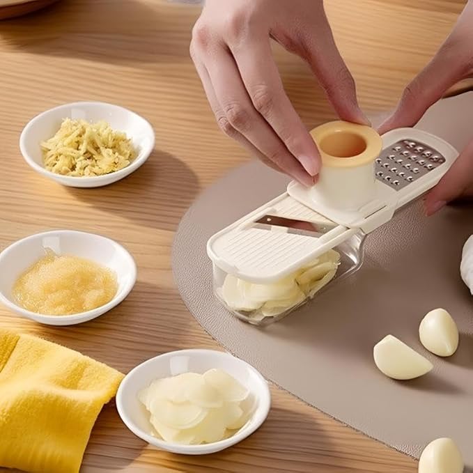 3-in-1 Mini Garlic Slicer & Multi-Functional Mandoline Slicer, Garlic Ginger Grinder, Veggie Shredder Vegetable Cutter with Container and Hand Guard