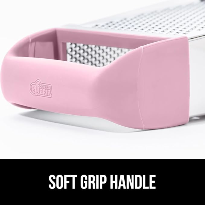 GORILLA GRIP 4-Sided Stainless Steel Cheese Grater With Container, 100% BPA-Free Box Grater, Slip Resistant Base and Handle, Grate Parmesan, Hard Cheeses, Shred Vegetables, Dishwasher Safe, Pink