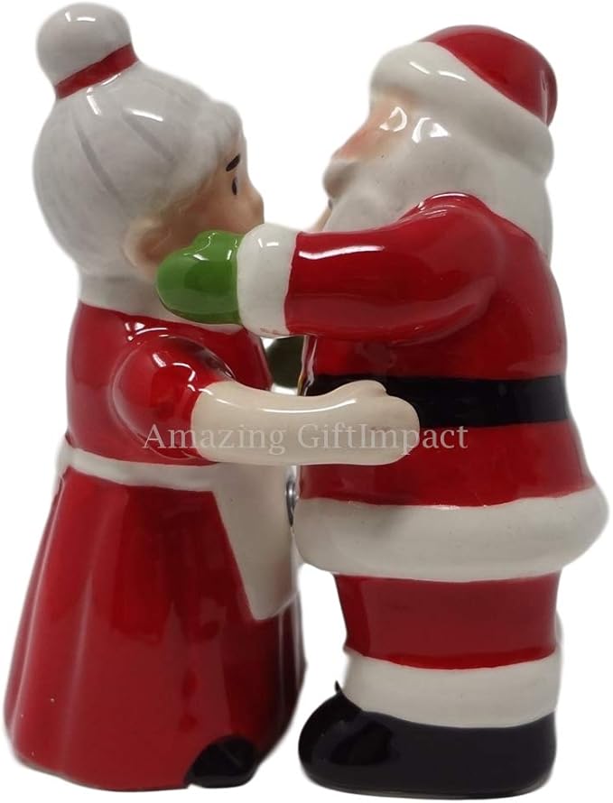 Christmas Santa and Mrs Claus Dancing Couple Hugging Magnetic Salt and Pepper Shakers Set