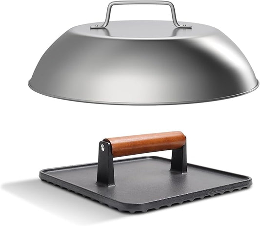 SafBbcue 10" Cast Iron Large Bacon Press & Steam Cover, 12" Round Stainless Steel Steamer Melting Dome, Heavy Duty Griddle Press XL for Blackstone Flat Top Grill