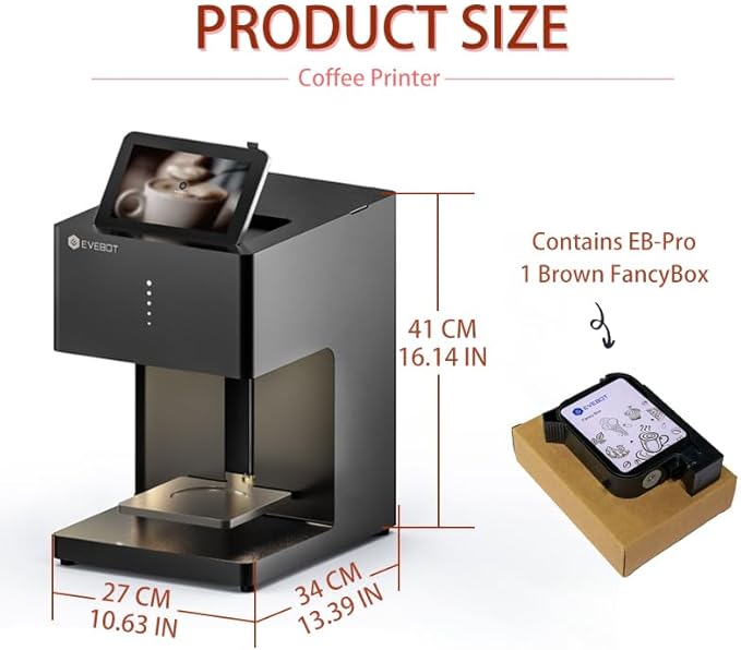 EVEBOT Coffee Latte Art Machine EB-Pro Customized Photo Selfie Printing with Camera Cake Desserts DIY Personalized Decoration for Cafes Bars Museums, Brown FancyBox - White
