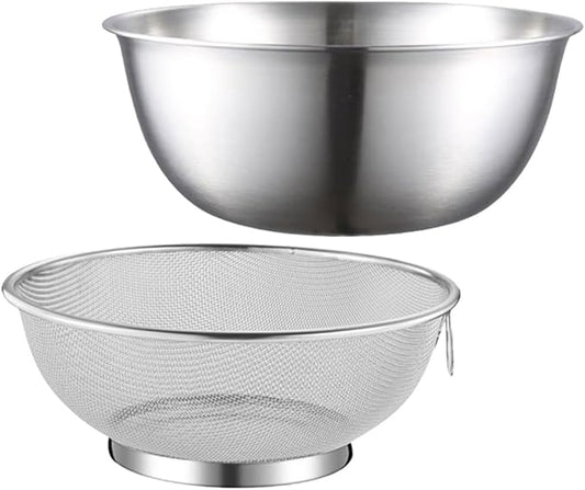 2Pcs Stainless Steel Colander Set with Fine Mesh Strainer & Mixing Bowl, Kitchen Basket for Washing Vegetables, Fruits & Rice, Easy-Clean, Multi-Function for Home Cooking & Meal Prep