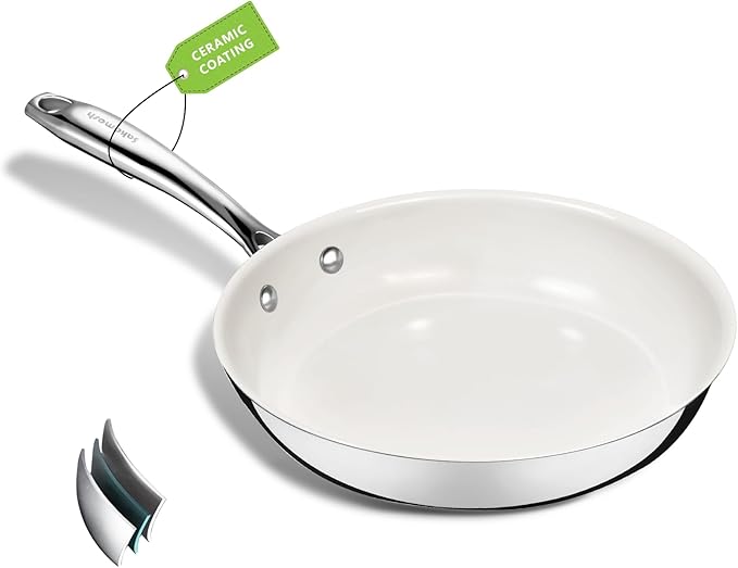 SAKAMOSH 8 Inch Nonstick Ceramic Frying Pan, Tri-Ply Stainless Steel Skillet with Stay-Cool Handle, PFAS/PFOA/PTFE Free, No Seasoning Required, High Heat & Induction Safe, Dishwasher/Oven Safe