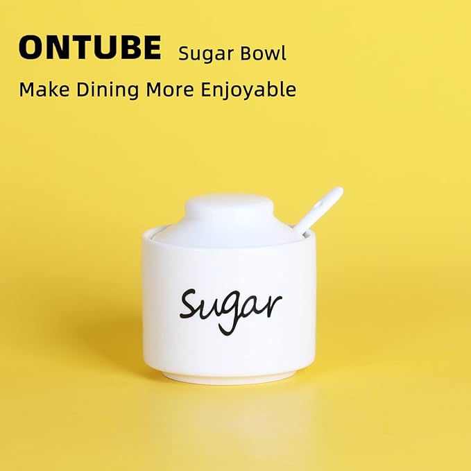 ONTUBE Ceramic Small Sugar Bowl with Lid and Spoon,Porcelain Sugar Pot,8oz (White)