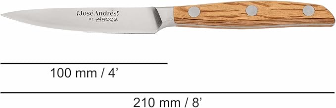 Arcos Jose Andres Paring Knife | 4-Inch Forged Knife for Fruit & Vegetable Peeling | NITRUM Stainless Steel Blade with Silk Edge | Light Brown Holm Oak Handle