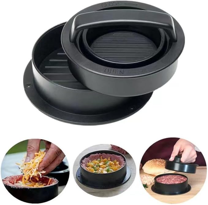 Kitchen Tools Smash Burger Press Suit,3 in 1 Hamburger Patty Storage Container,Burger Press.Bacon Press and Sauce Brushes (Black Round+Rectangle)