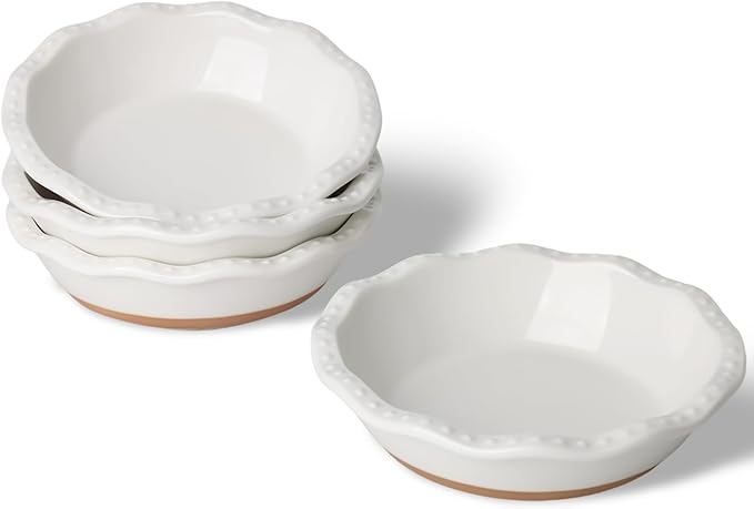 GDCZ Mini Pie Pan Set of 4, Ceramic Individual Stackable Pie Tins，Non-Stick Baking Bread Pan, Microwave and Dishwasher Safe, 5.8 Inch 8OZ, White/Brown