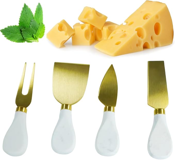 Marble Cheese Knife Set of 4 Gold and White Charcuterie Accessories, Heavy Marble Handle Butter Spatula Sandwich Cream Knives Cheese Spreader Cutter,Housewarming Gift