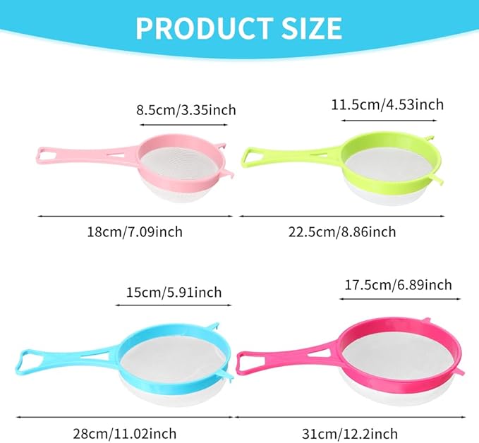 4Pcs Fine Mesh Strainer Set, Solid-Liquid Separator Gadget, Plastic Flour Colander with Non Slip Handles, Kitchen Tools for Yogurt Baking Tea Coffee Juice Pasta(4 Size)