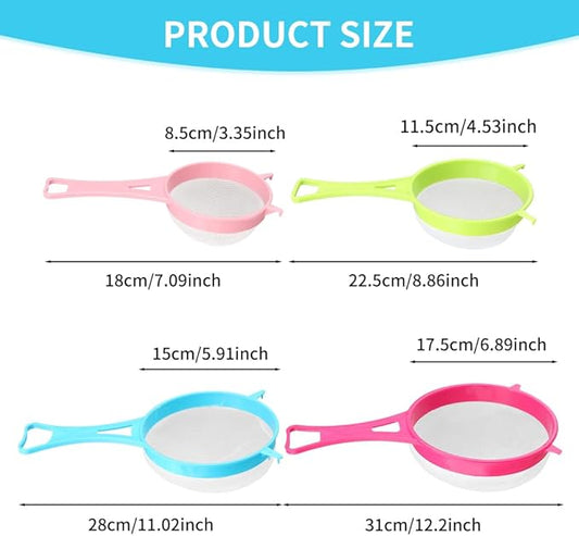 4Pcs Mesh Strainer Set, Plastic Fine Colander Set, Flour Sieve Filter Spoon with Handles, Sugar Sifters Fine Strainer Tea Filter for Filtering Coffee Juice Milk Honey Wine Pasta (COLOR:Random Colors)