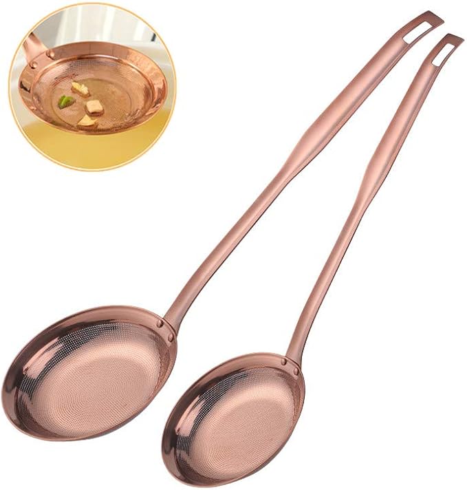 Set of 2 Food Strainers Fine Mesh, Mingcheng 304 Stainless Steel Hot Pot Fat Skimmers for Cooking Grease Gravy and Foam with Long Handle, Small(Dia 3.54in) and Large(Dia 4.53in) Size Rose Gold