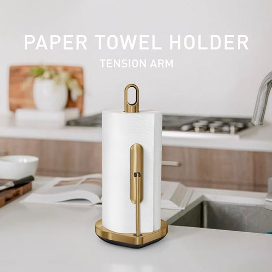 simplehuman Tension Arm Standing Paper Towel Holder, Heavy-Duty, Easy One-Handed Tear, Kitchen Countertop, Brass Stainless Steel
