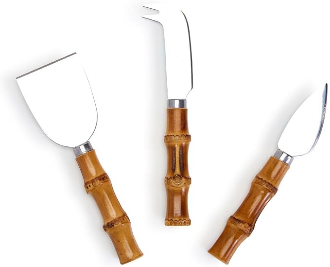 Two's Company Set of 3 Natural Bamboo Handle Cheese Knives in Gift Box
