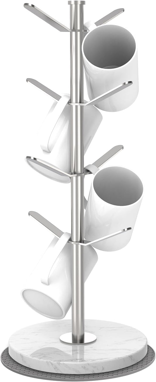 Marble Mug Holder Tree with 8 Hooks, Stainless Steel Coffee Cup Holder, Non-Slip Silicone Pads, Heavy Duty Marble Base, Countertop Organizer for Kitchen & Cafe, Silver