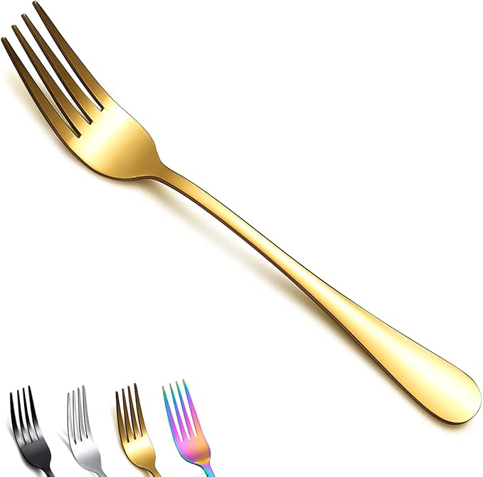 Gold Dinner Forks of 12, Berglander 7.9" Stainless Steel Titanium Shiny Gold Plating Fork And Spoons Silverware, Golden Table Forks Set Sturdy And Dishwasher Safe