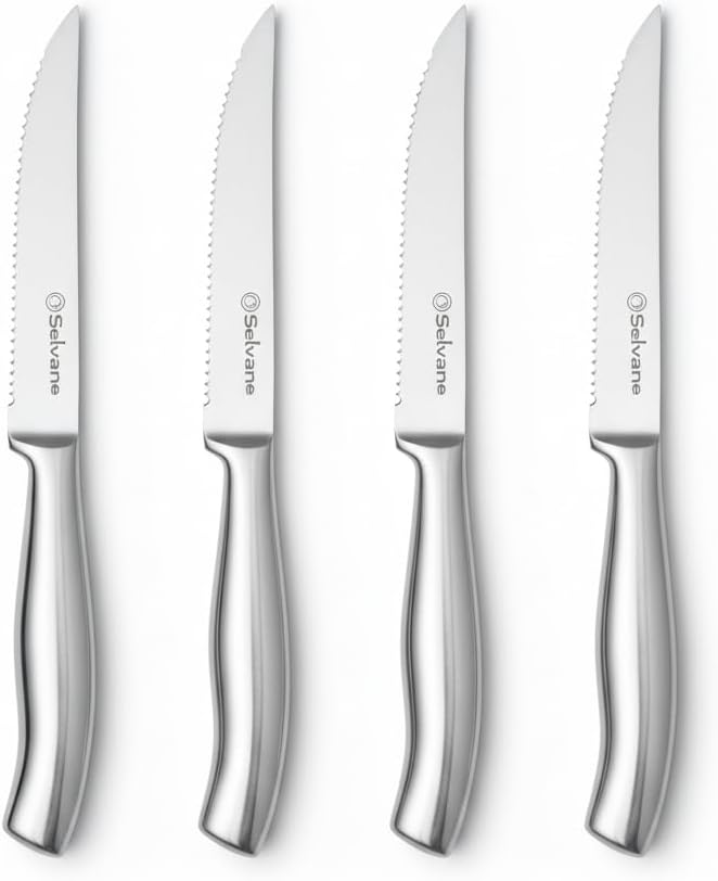 Steak Knives Set of 4, Rust Free Stainless Steel Steak Knife Set with Sharp Serrated Edge and Non Slip Handle