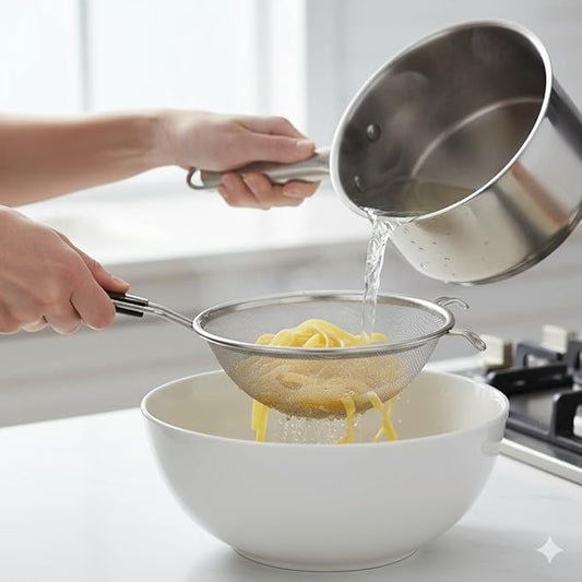 TrueCraftware- 6-Inch Double Medium Mesh Strainer Stainless Steel with 6-1/2" Handle Length Black Plastic Handle- Kitchen Utensil Food Strainer Skimmer Spoon for Cooking Sieve Sifters Pasta Fruits