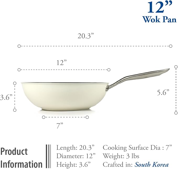 ValenCera TeChef Collection | Ceramic Nonstick Flat Bottom Wok Stir Fry Pan, Nontoxic - Free of PFAS, PFOA, PTFE (Wok 12")