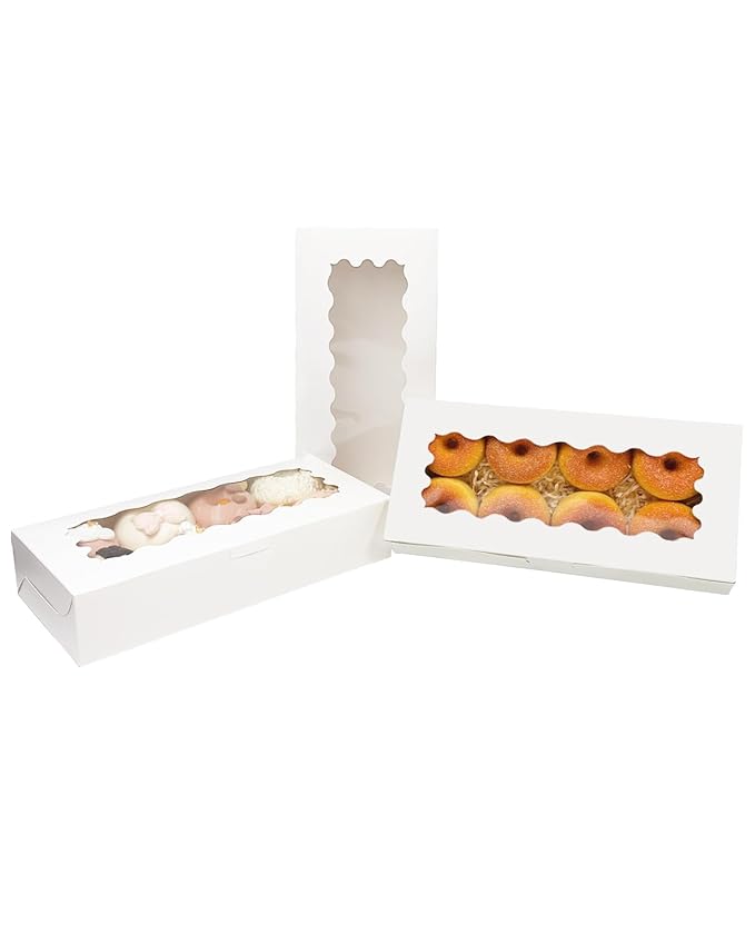 qiqee 50 Packs White Cookie Box with Window 12x5.5x2.5 Inch Two Uses Pastry Biscuit Bakery Box For Packaging