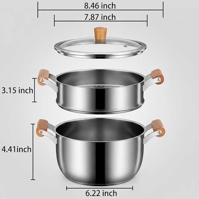 Chuleno 3.3QT Steamer for Cooking - Stainless Steel Steaming Pot with Steamer Basket for Vegetable, Dumpling, Soup, Pasta, Seafood – Induction Compatible, Transparent Glass Lid & Wooden Handle for Safe Cool Touch Cooking – As Christmas Gift for Family