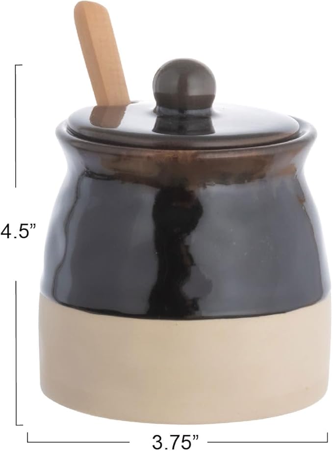 Creative Co-Op Stoneware Sugar Pot with Lid and Wood Spoon, Espresso Glaze