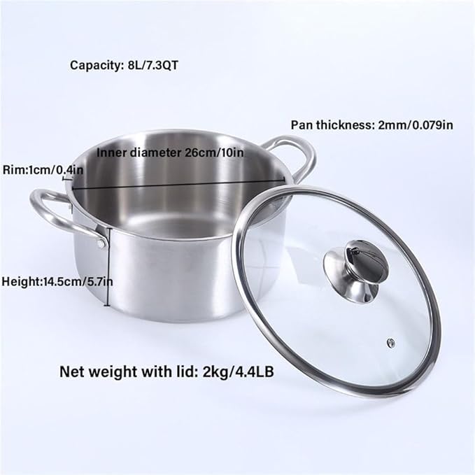 DSOPHORAT 304 Stainless Steel Cooking Pot Soup Pot hot Pot Stock Pot 7Qt Soup Pasta Pot with Lid Sauce & Reheat Food,Induction/Gas/Stovetops for Family Meals(26cm/8L7.3qt)